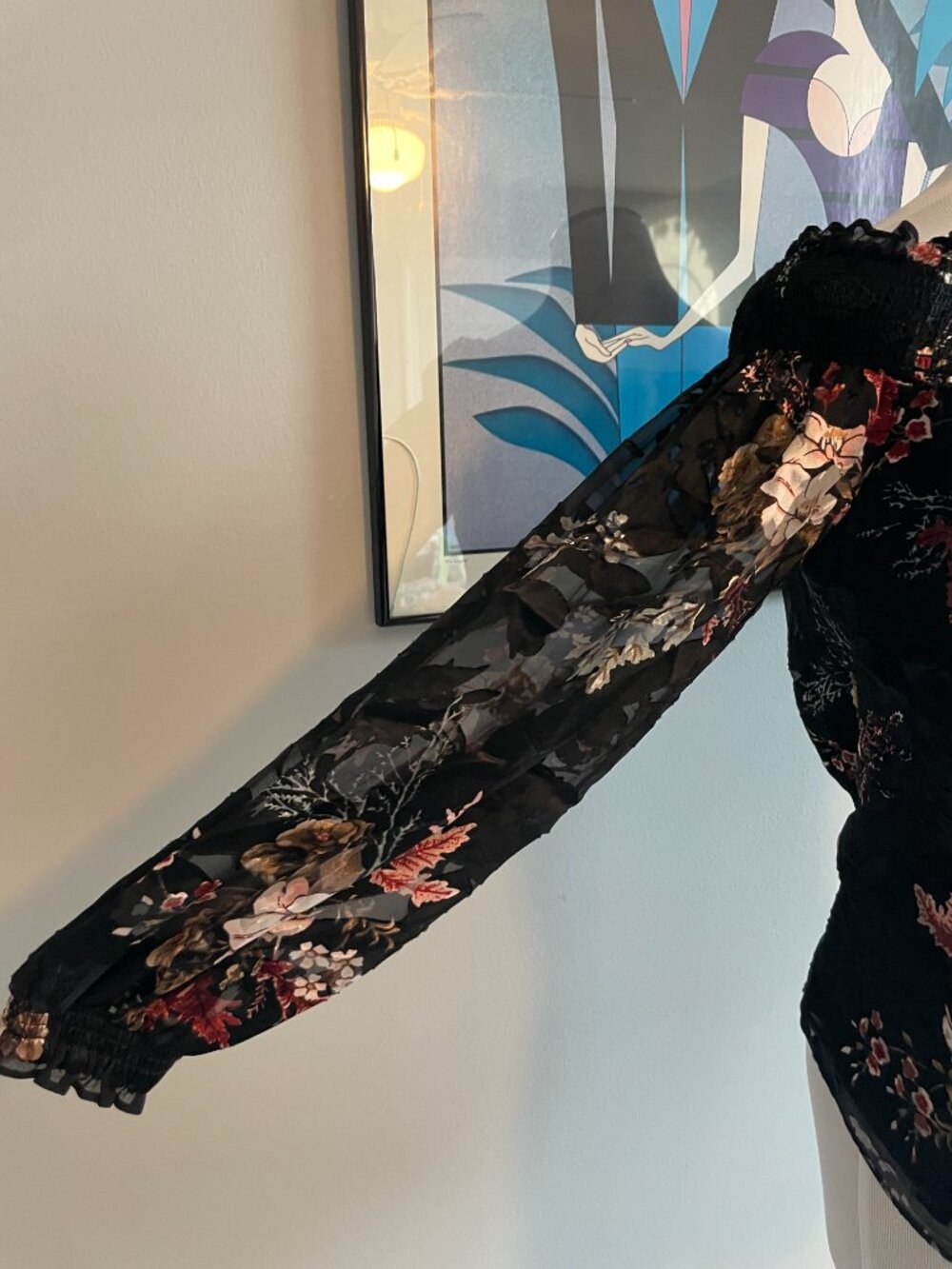 WHBM Gothic Romantic Velvet Burnout Off-Shoulder Long-Sleeve Sheer Floral Top - Picture 5 of 13